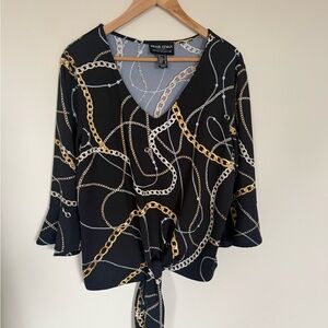 Frank Lyman Design Black Chain-Print V-Neck Tie-Front Top